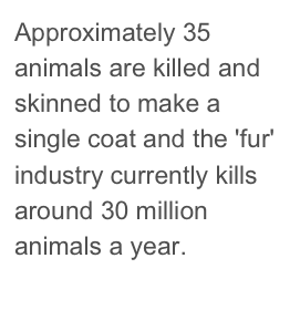 Approximately 35 animals are killed and skinned to make a single coat and the 'fur' industry currently kills around 30 million animals a year.